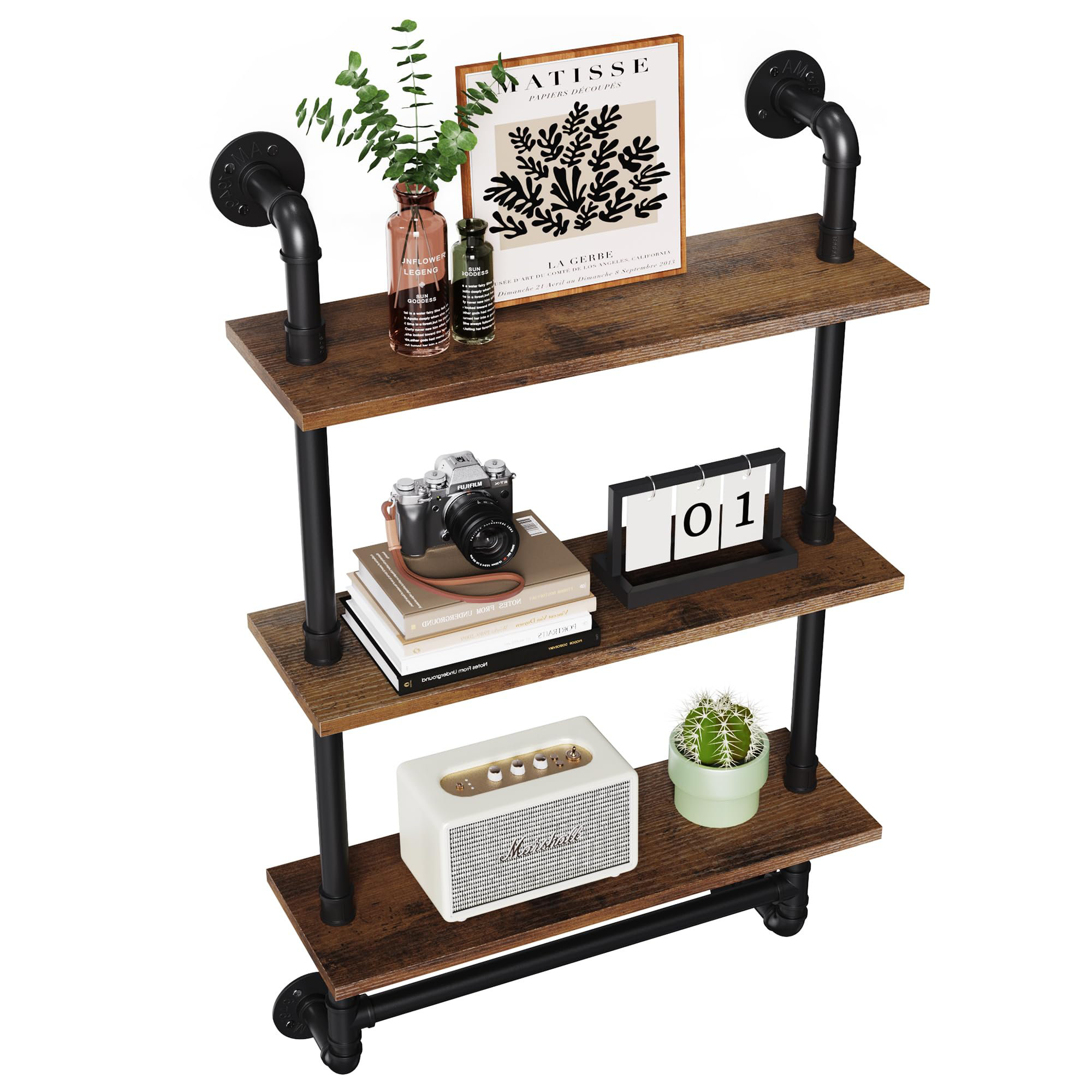 Williston 23.6" Industrial Floating Shelves With Tower Bar, Pipe Shelves For Wall, 3 Tier